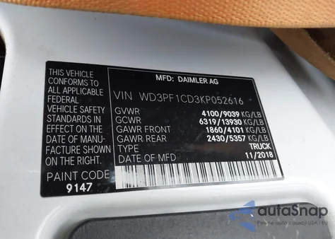 2019 Mercedes-Benz Sprinter 2500 High Roof V6 from USA, damaged, VIN WD3PF1CD3KP052616